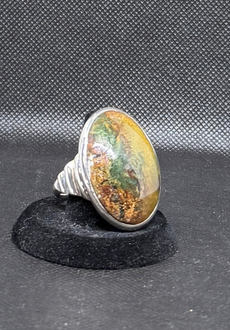Ring, moss agate in sterling silver