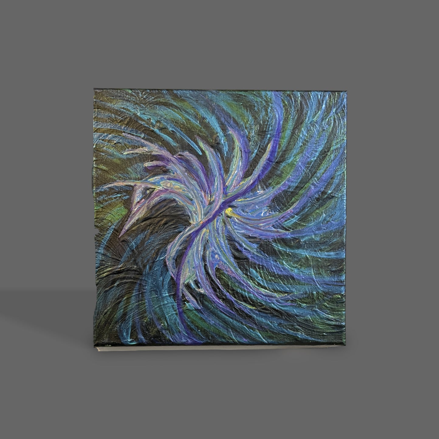Humming Bird in Flight 8” x 8” acrylic on canvas.