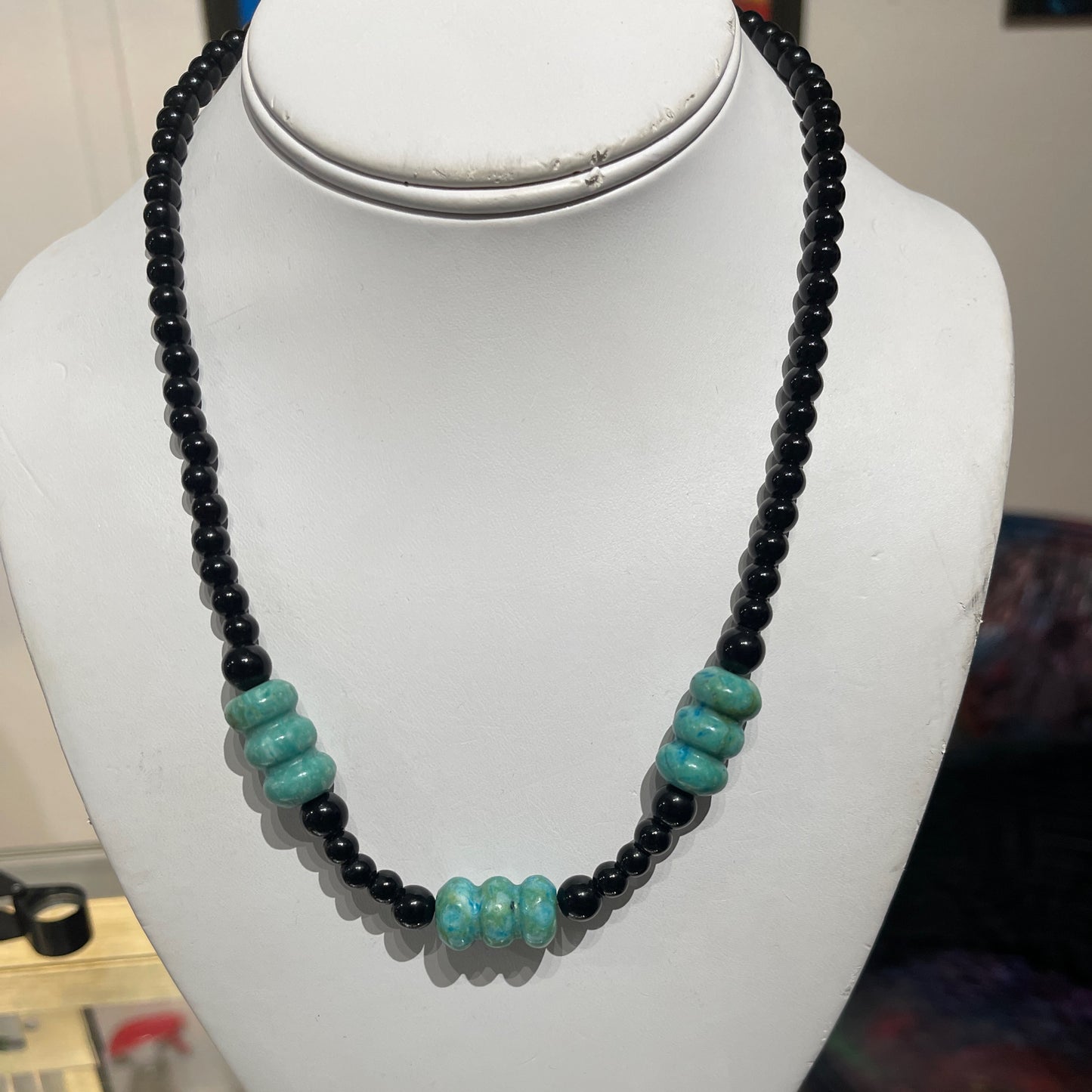 Necklace, black obsidian and reconstituted turquoise