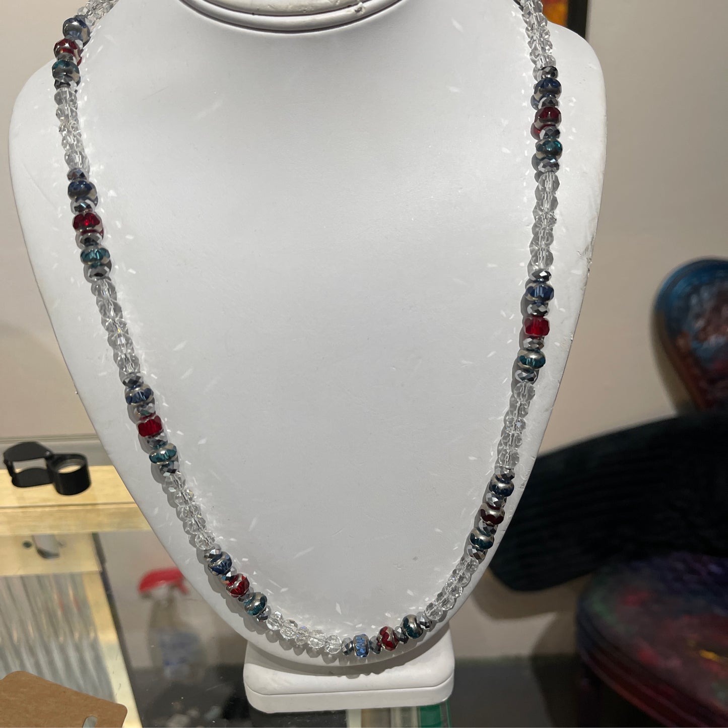 Necklace, red, blue, clear glass