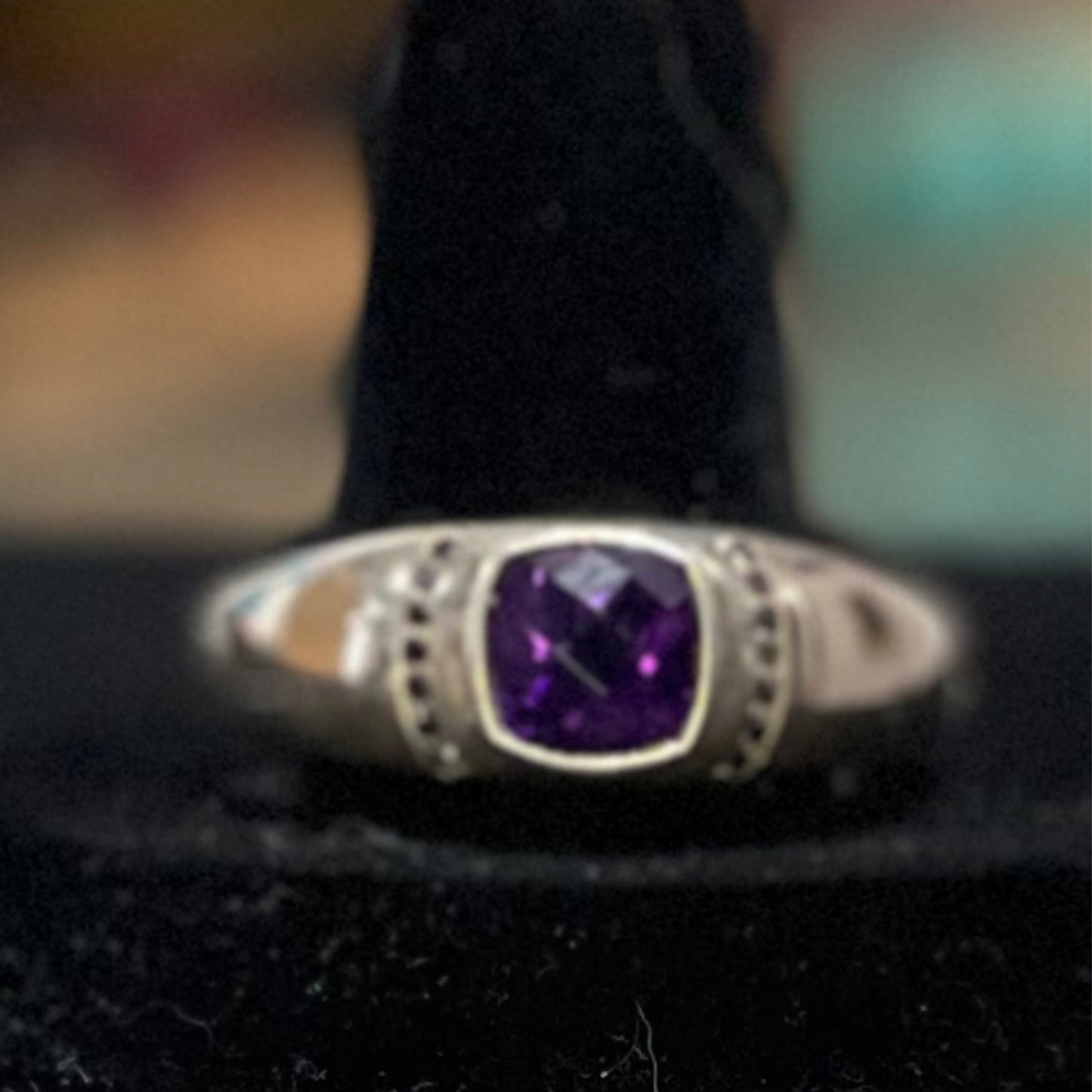 Ring, amethyst with black diamond accent
