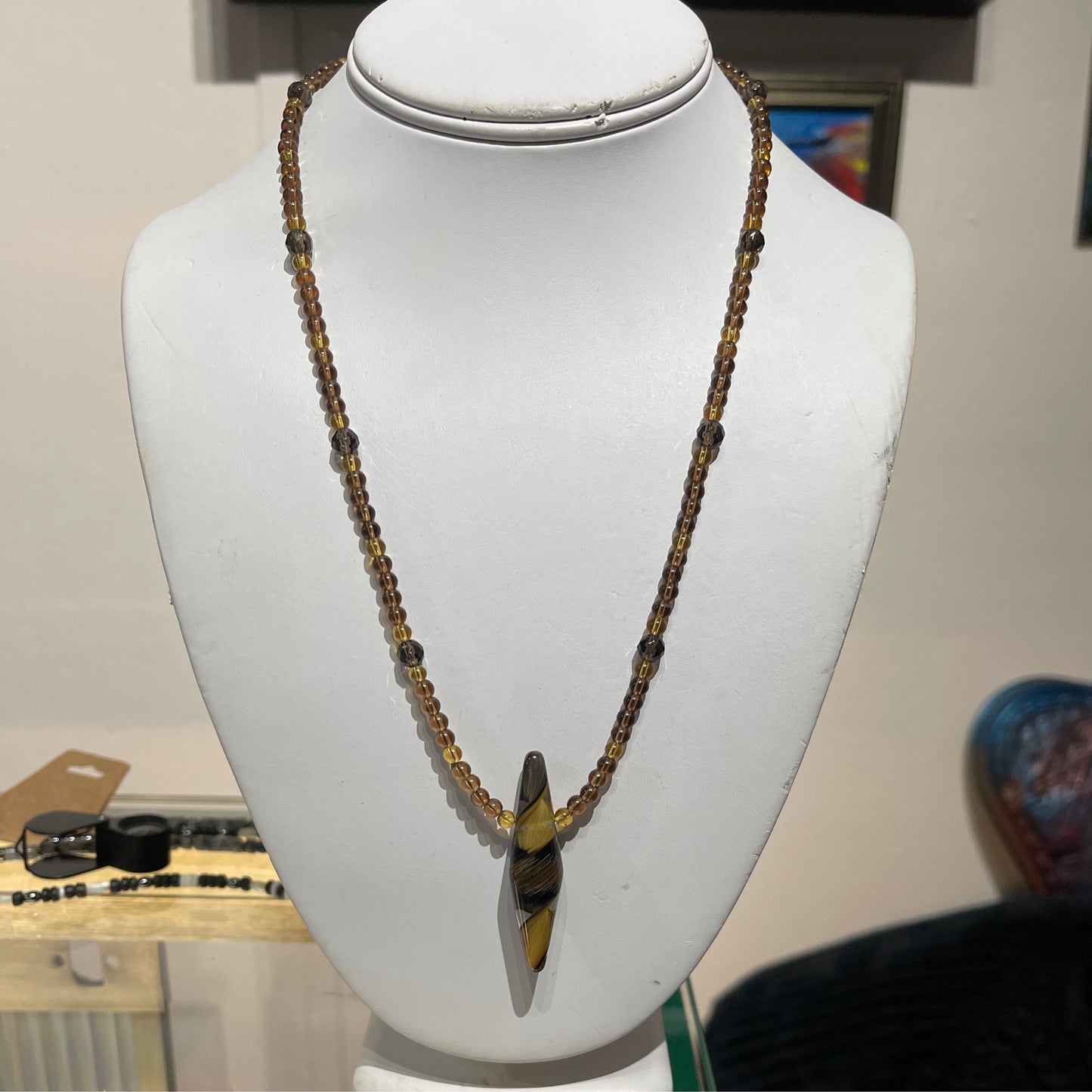 Necklace, citrine, smoky quartz and art glass