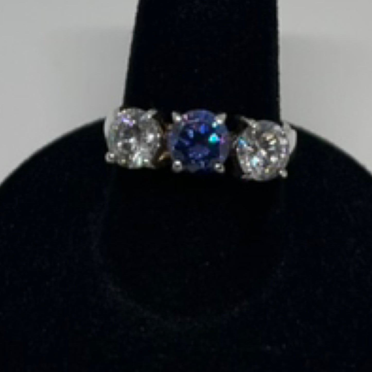Ring, three stone blue and clear CZ, size 6 1/2