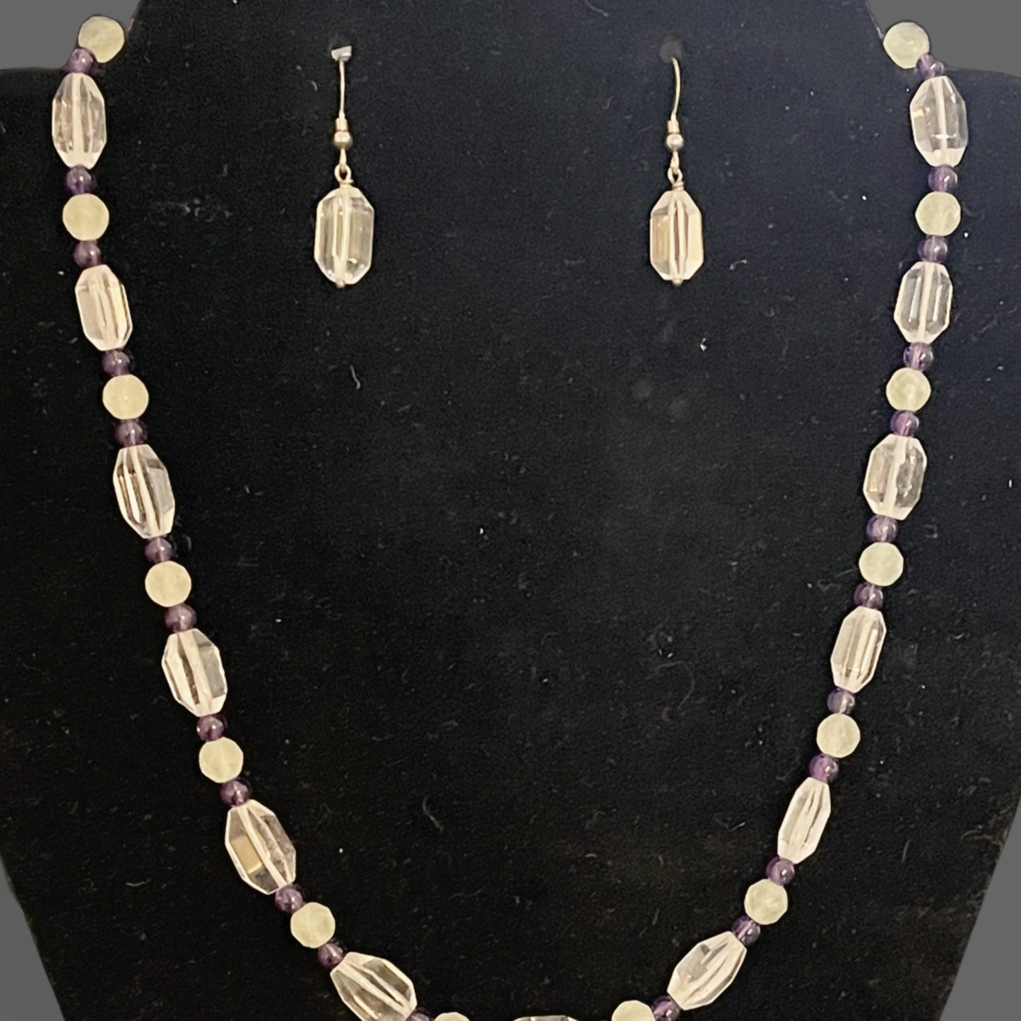 Set, earrings and necklace, quartz, prehnite and amethyst