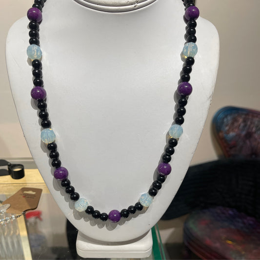 Necklace, black, purple and white