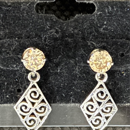 Earrings, champagne colored CZ with sterling dangle