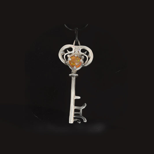 Key pendant, pure silver, with Opal, diamond, and Sapphire