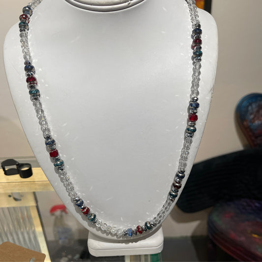 Necklace, red, blue, clear glass