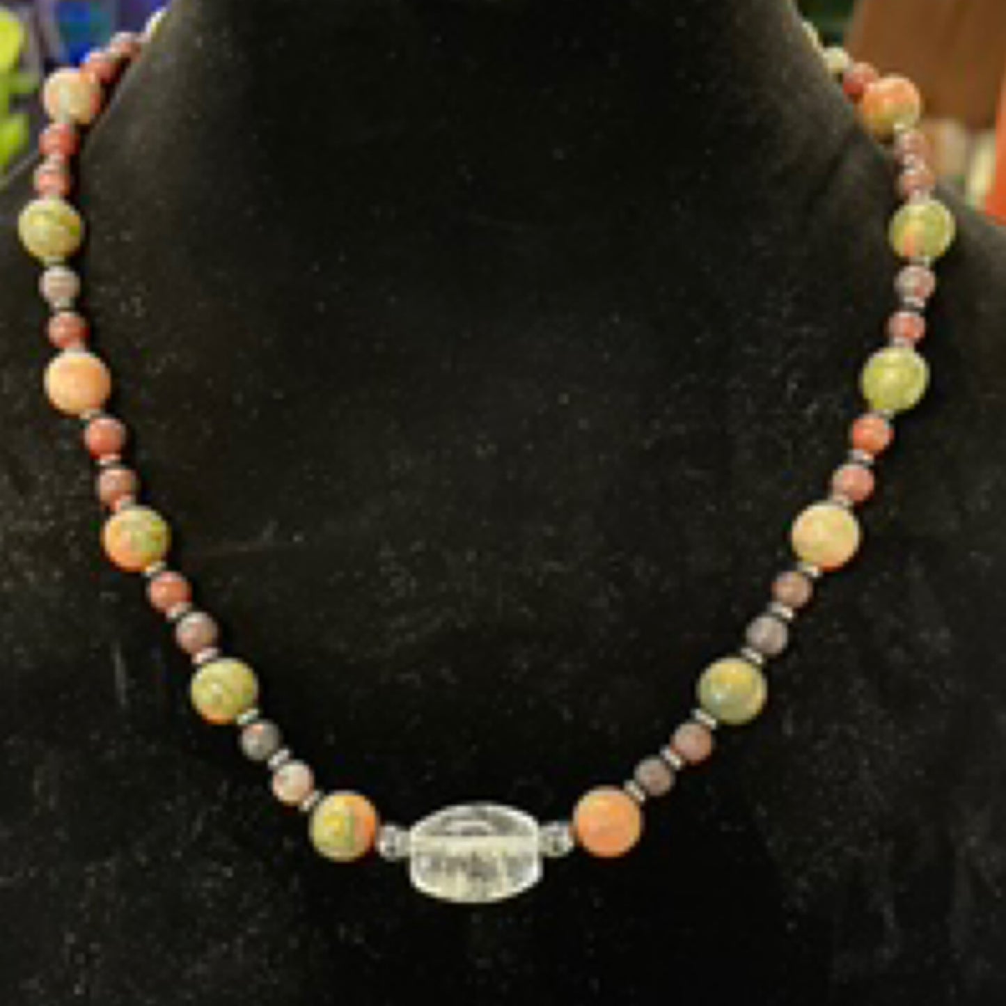 Necklace, unakite and clear quartz